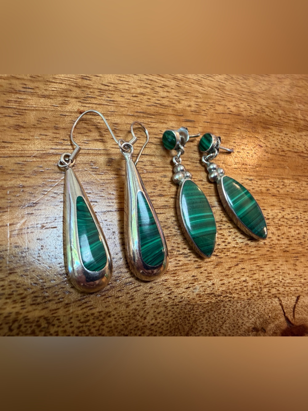 Green Malachite Teardrop & Marquise Earrings Set - Sterling Silver